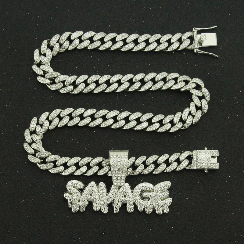 Trend Accessories Full Diamond Splicing Letter Pendant Cuban Chain Necklace