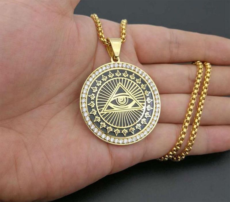 Hip-Hop Hiphop Tide Brand Titanium Steel Gold-Plated Diamonds God′s Eye AG Masonic Pendant for Men and Women Spt2621