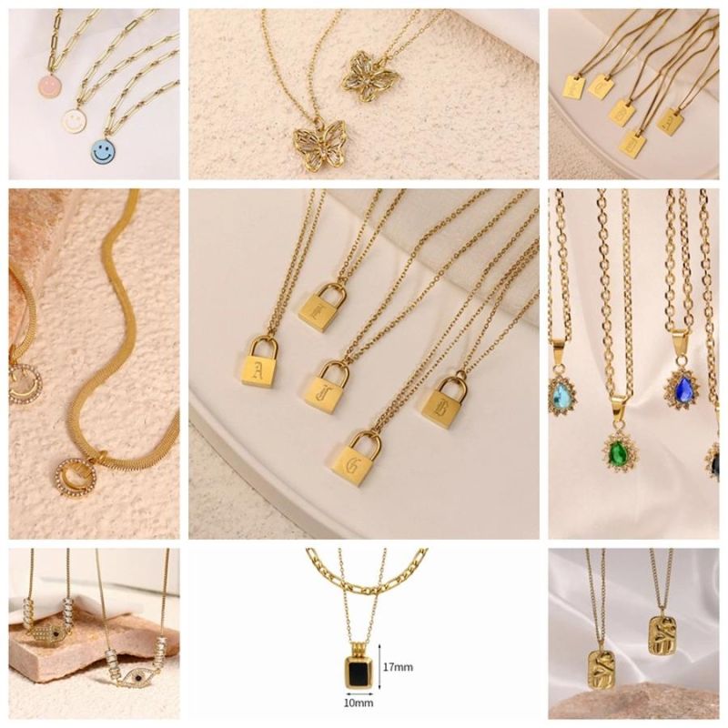 Enamel Stainless Steel Gold Plated Black Diamond Square Necklace