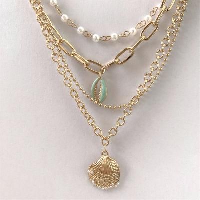Manufacture 4 Layered 18K Gold Plated Jewelry Fashion Green Enamel Shell Shape Pendant Pearl Necklace for Ladies