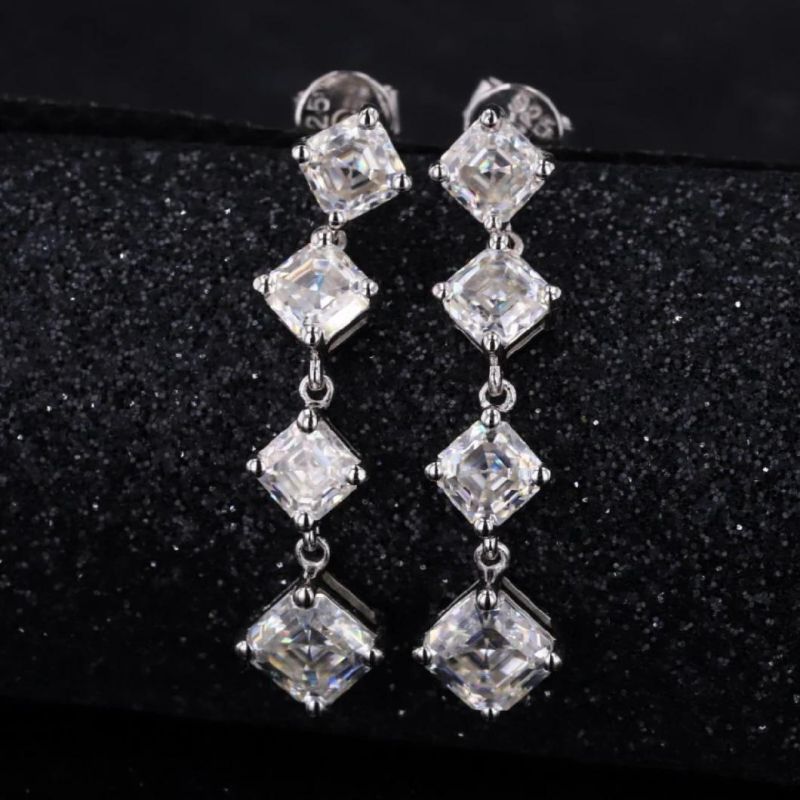 Fashion Moissanite Diamond Long Earrings 0.8CT 5X5mm Stud Earrings Asscher Cut Moissanite Earrings