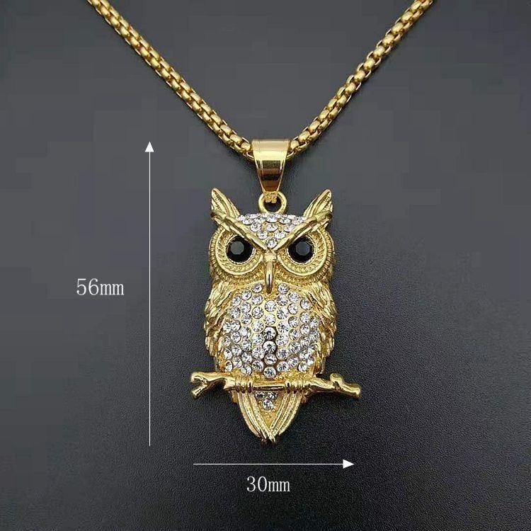 Stainless Steel Gold Plated Drill Owl Pendant Necklace Jewelry