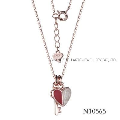 Rose Gold Plated Silver Enamel Heart &amp; Key Pendant Necklace