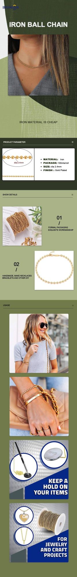 Gold Ball Chain Wholesale Necklace Accessories High Quality Gold Plated Steel Ball Chain