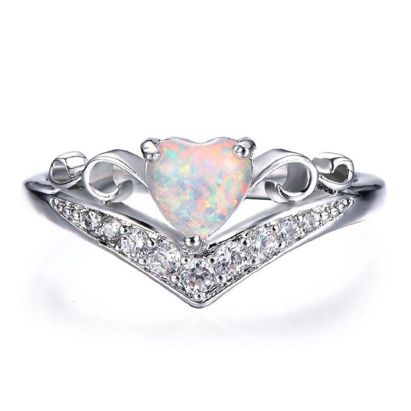 Fashion Design Sterling Silver 925 V Shape Heart Opal Simple Wedding Rings