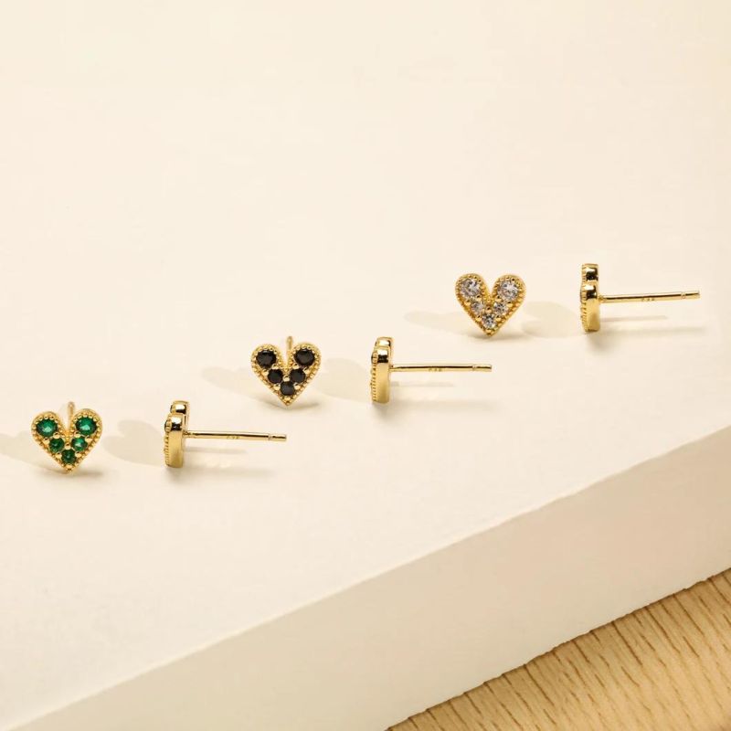 2022 Fashion Women 18K Gold Plated White Black Green Colorful CZ Zircon Heart Stud Earrings 925 Sterling Silver Custom Jewelry