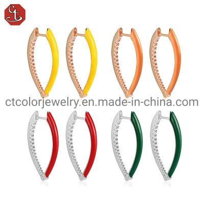 925 Sterling Silver Hoop CZ Earrings Enamel Color Dripping Oil Earring