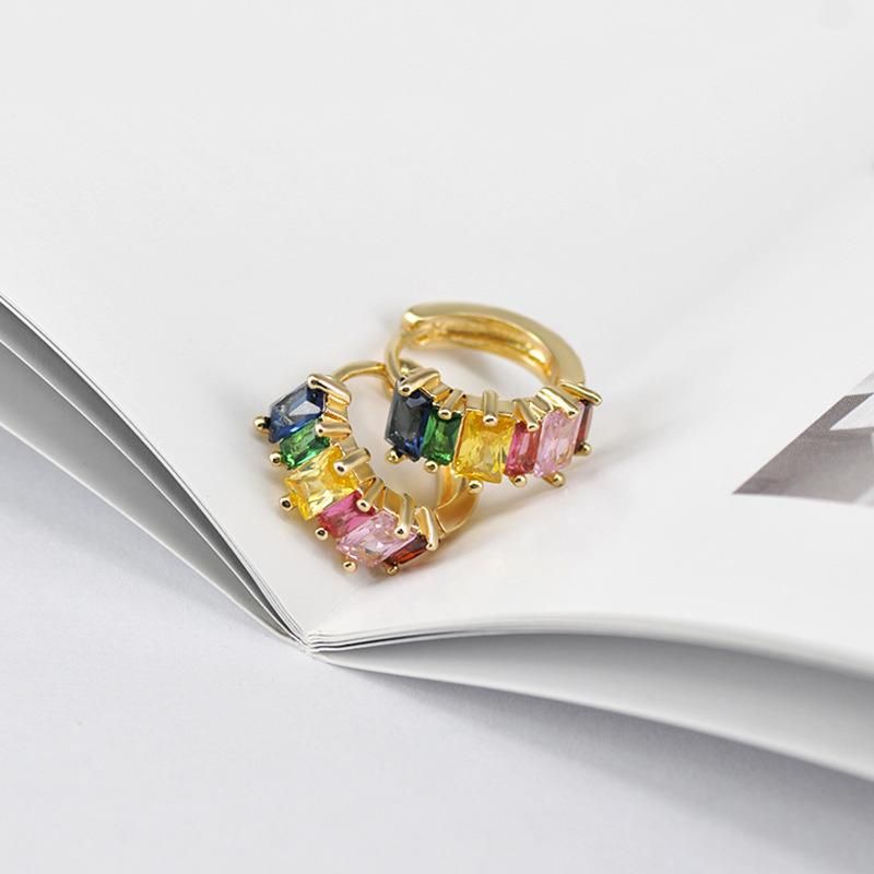 S925 Silver Stud with Diamond Stud Inlaid with Colored Zircon Clasp Earrings