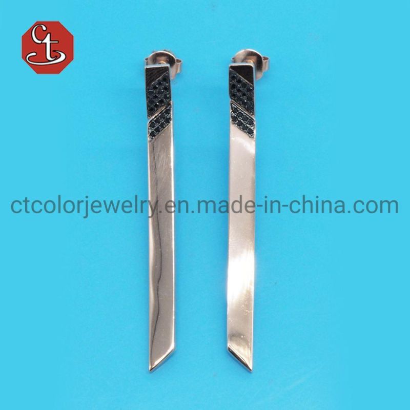 Women Popular Baguette Stud Hot Sale CZ Plain Knife sharp Dangle Earring Brass & Silver Jewelry