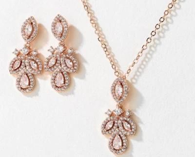 Pearl Wedding CZ Necklace Jewelry Set, Bridal CZ Necklace Jewelry Set, Bridesmaid Earring Jewelry, Rose Gold Earring Necklace Jewelry