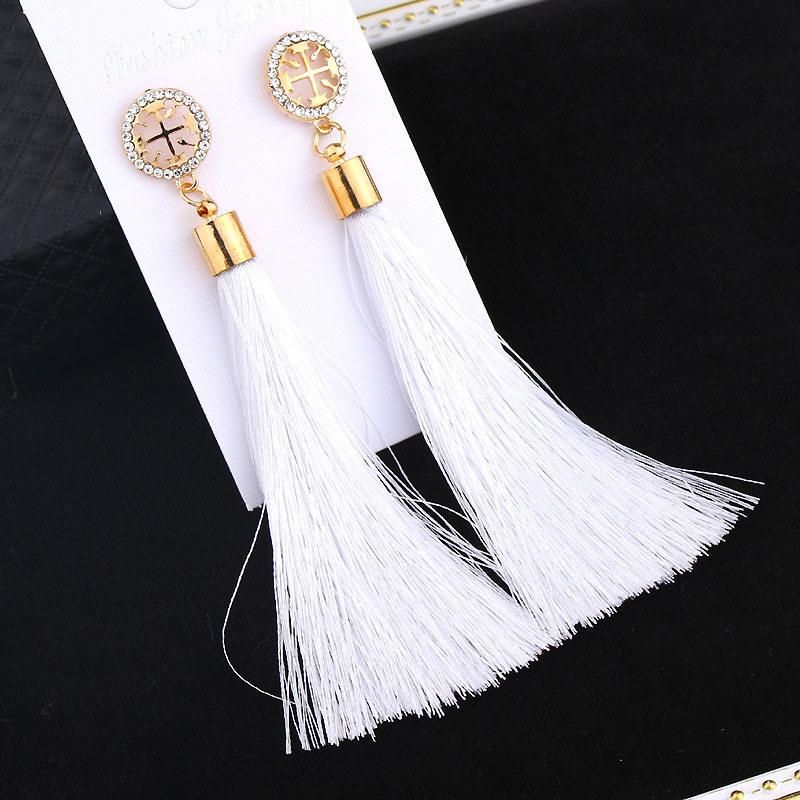 Crystal Women Fashion Jewelry Silk Fabric Long Drop Tassel Earrings
