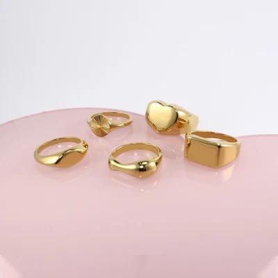 Custom Fashion Dome Jewellery Wave Square PVD 18K Gold Plated Heart Signet Wholesale 316 Women Chunky Rings Stainless Steel Jewelry