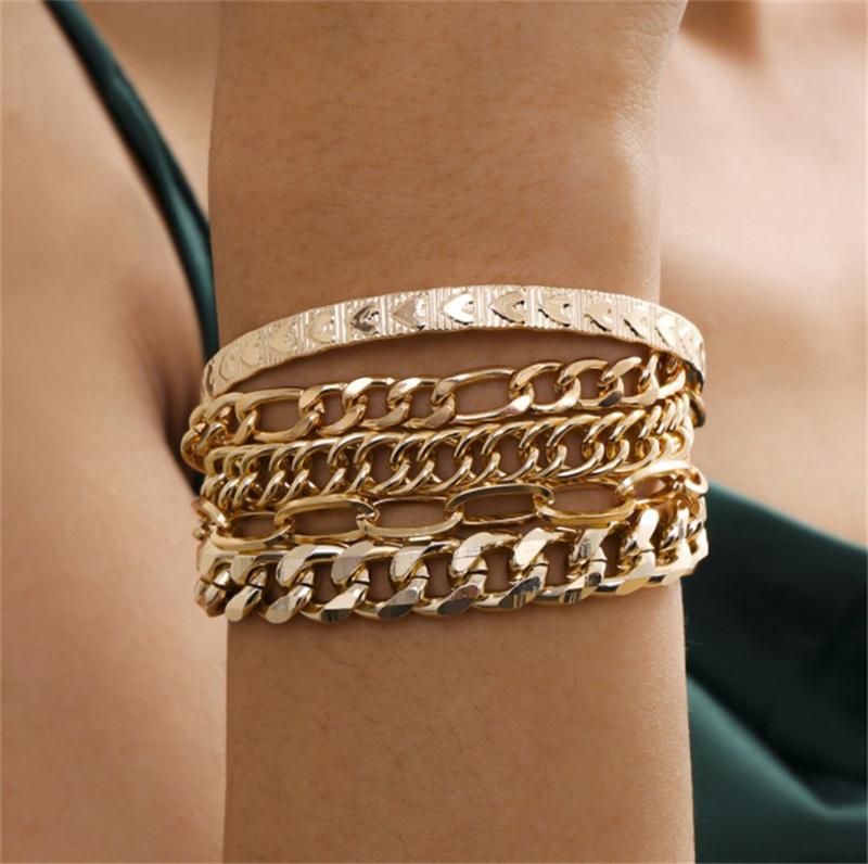 European and American Fashion Jewellery Gold and Silver Jewelry Heart-Shaped Print Bangle Punk Hip Hop Cuban Metal Chain Set Bracelet for Women