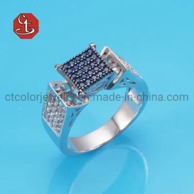 Hot Sale Bling Iced Out Square CZ Ring Sapphire CZ Rings Micro Wax Setting Paved Silver Rings for Men Hip Hop Jewelry