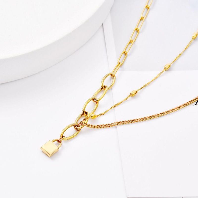 Fashion Jewelry Costume Jewellery Accessories Gold Plated Stainless Steel Necklace with Lock Pendant