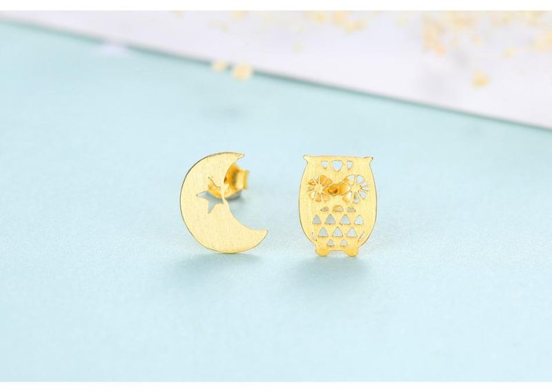 Double Color Owl and Moon Design 925 Sterling Silver Ear Stud