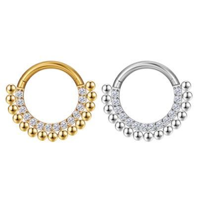 Nose Ring-G23 Titanium Hinged Segment Clicker Inlaid Clear CZ 16g Body Piercing Jewelry