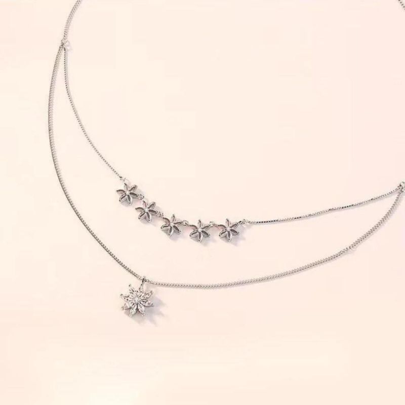 925 Silver Multi-Layered Flower Necklace CZ Pendant Jewelry, Double Layered Sakura Chain Necklace Jewelry for Women and Girls