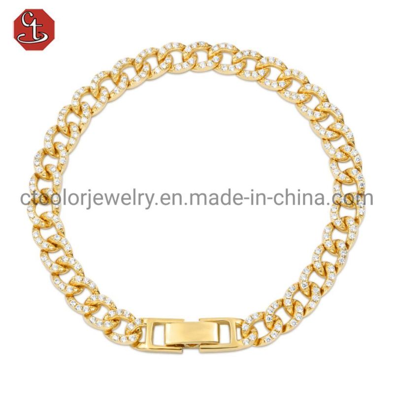 Best jewellery online 14K Gold plated Serial buckle  Hiphop big CZ pave plain accessory interlink  Brass silver Jewelry man Bracelet