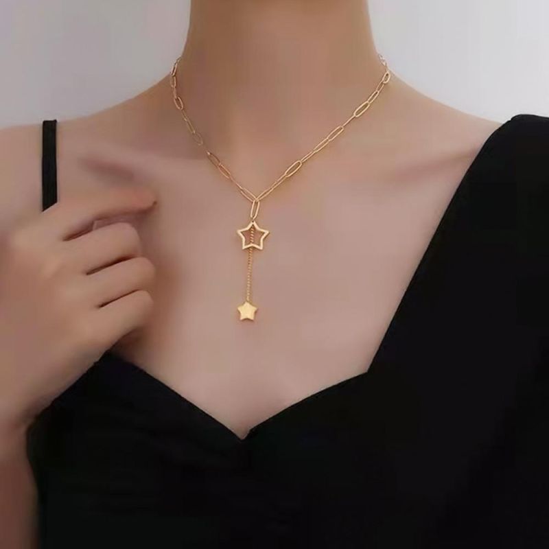 316L Stainless Steel Fashion Fine Jewelry Hollow Double Stars Tassel Charms Thick Chain Choker Necklaces Pendants for Women Gift Dropshipping Wholesale