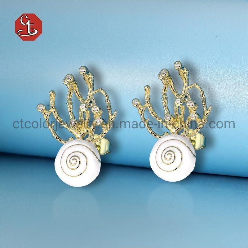 Fashion Jewelry Branch Design 925 Silver 18k Gold Plated Enamel Sutd Earring