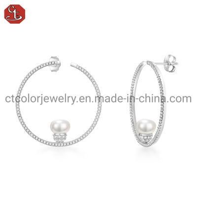 925 Sterling Silver Fashion Jewelry Pearl Round CZ Stud Earrings