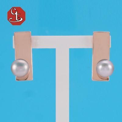 High Quality Oblate Pearls Studs Rose Gold Plated Earrings Jewelry Trendy Metal Copper