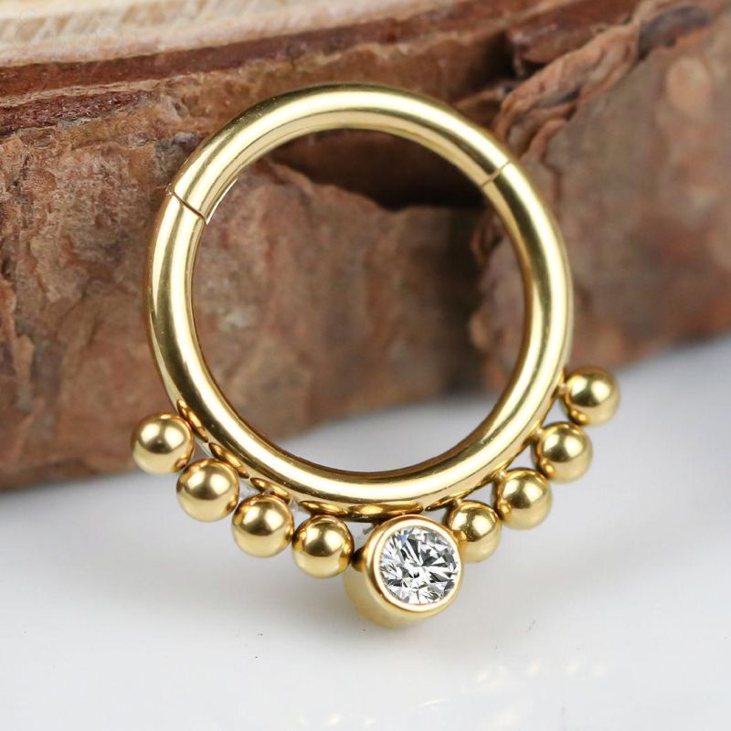 Eternal Metal Gold PVD Titanium Balls Hinged Clicker Nose Rings with Stone Piercing Jewelry