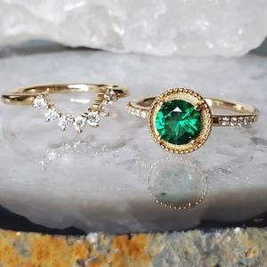 Jewelry Set of 14K Yellow Gold 6mm Round Emerald Ring and Matched 14K Yellow Gold Moissanite Band