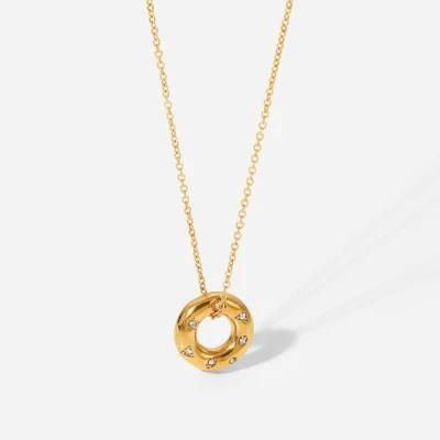 Factory Customized Fashion Jewelry European American Temperament Stainless Steel Plated 18K Gold Zirconium Inlaid Doughnut Pendant Necklace