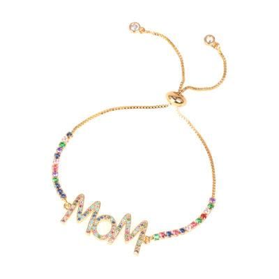 Simple Trendy Crystal Rhinestone 18K Gold Plated Diamond Letter Mom Ajustable Chain Bracelet for Women
