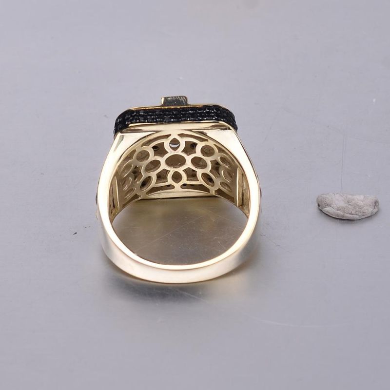 New Arrival 925 Sterling Silver Jewelry 18K Gold Plated Iced out Cubic Black Zirconia Baguette Hip Hop Ring for Men