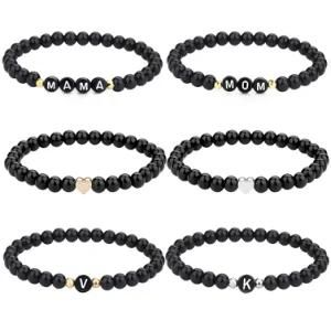 6mm Black Glass Beads Strands Bracelet Elastic Acrylic Letter Flat Bead Charm Pendant Bracelets