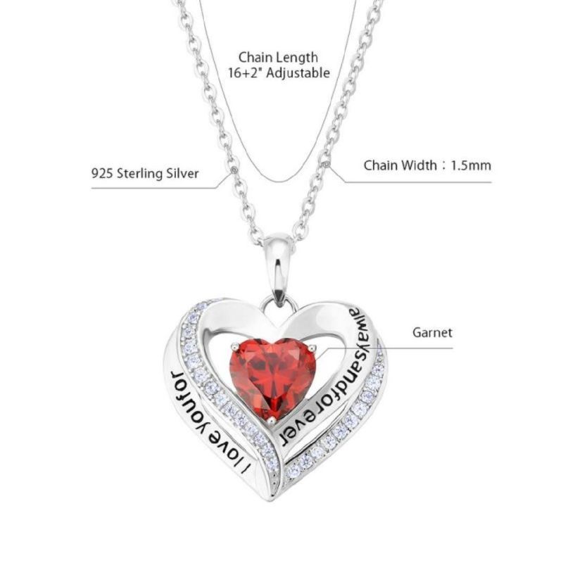 Garnet Birthstone 18K White Rose Gold Plated 925 Sterling Silver Diamond Heart Shape Pendant Heart Necklaces for Women