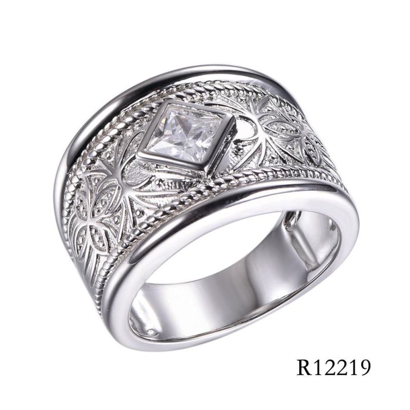 Twist Style Rope 925 Sterling Silver with Rhombus CZ Bezel Setting Ring