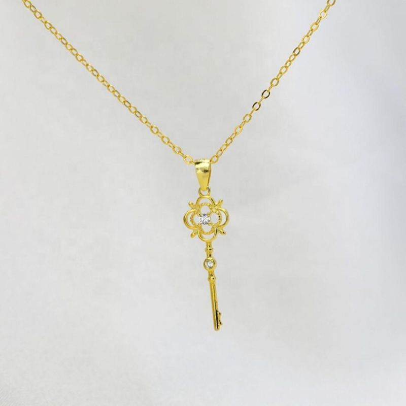 925 Sterling Silver Zircon Vintage Key Pendant 14K Gold Plated Necklace Women Fashion Jewelry