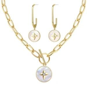 Wholesale 14K Gold Jewelry Set Mother Pearl Shell Starburst Pendant Chunky Link Chain Nekclace and Earrings