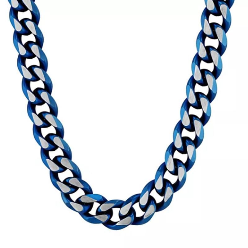 Stainless Steel Supplier Jewelry Thick Blue Color Plated Cuban Link Necklace for Hip Hop Men Fashion Necklaces 24inch