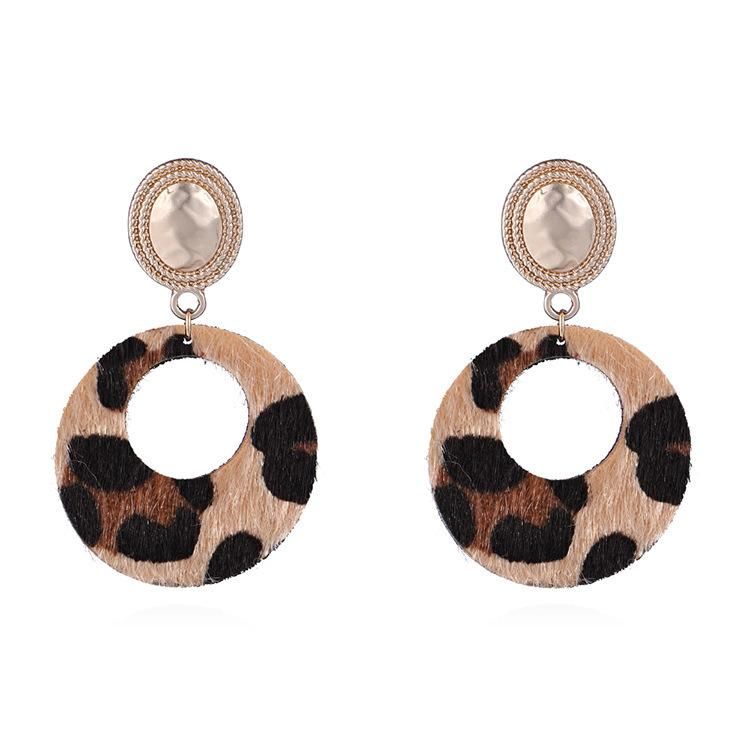 Fashion Jewelry PU Leather Leopard Elegant Horse Fur Circle Stud Earrings