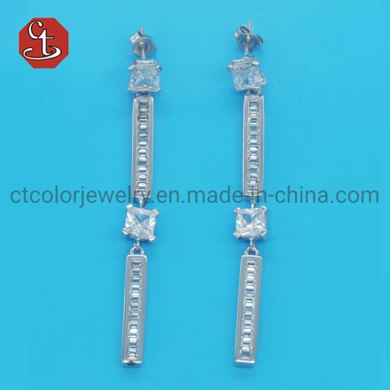 Women Popular Baguette TP CZ Stone SQ Long Brass & Silver Jewelry Dangle Earring