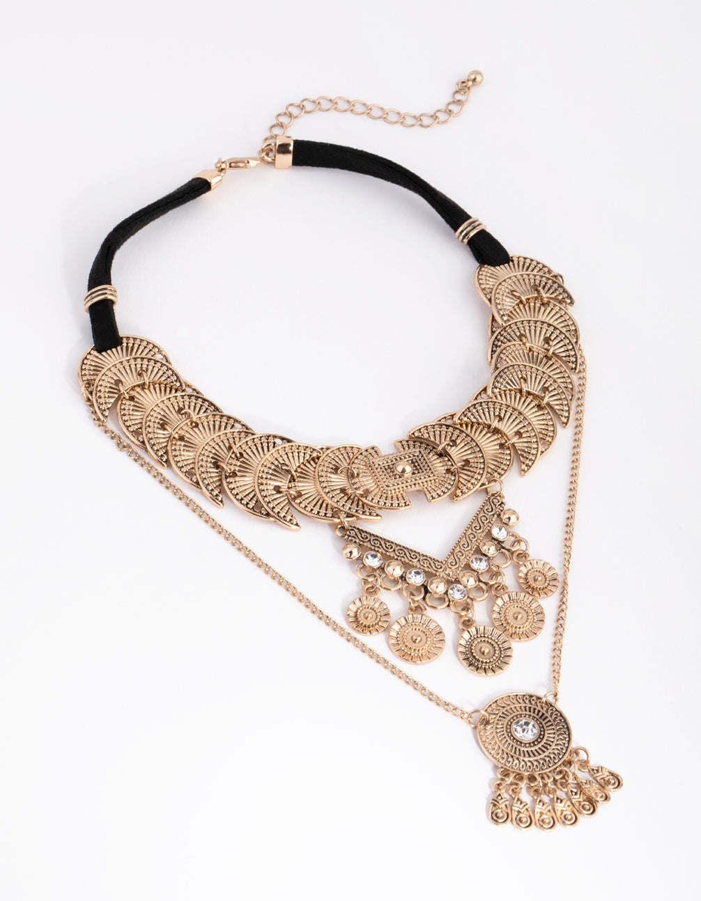 Antique Gold Chunky Statement Round Textured Discs with Teardrop Dangles Bib Necklace for Women