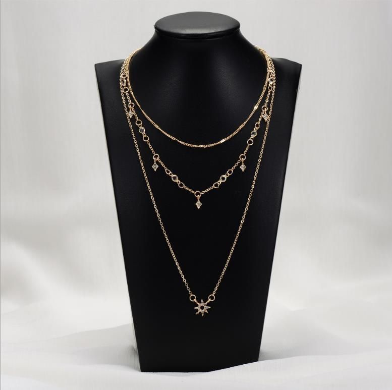 Simple Women Multi Layer Choker Long Necklace with Star Charm