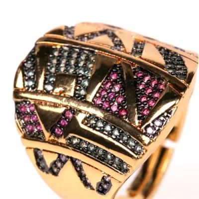 Wholesale Custom 18K Gold Plated Adjustable Size Crystal Personality Wedding Gift Jewelry Copper Green Zircon Rings for Women