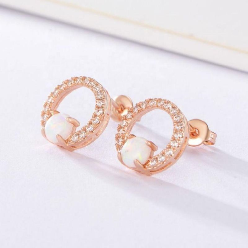 Factory Supply All-Match High-End Brass Simple Fashion Round Opal Zircon Elegant Stud Earrings