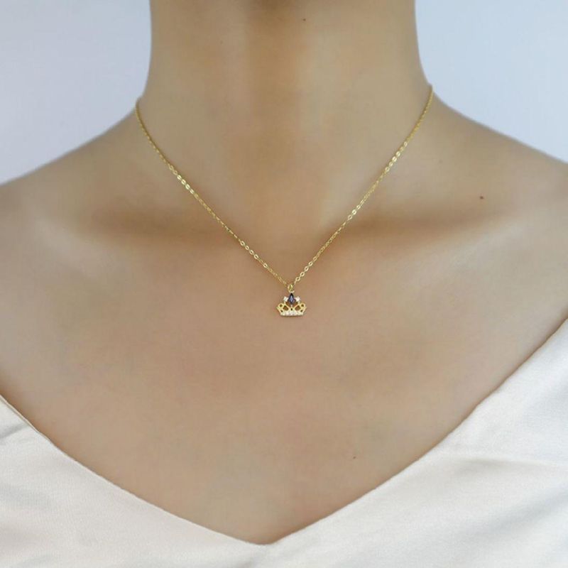 925 Sterling Silver 14K Gold Plated Crown Color Crystal Pendant Clavicle Chain Necklace Women Party Fashion Jewelry