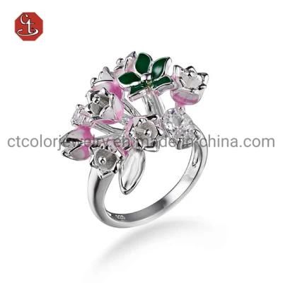 Fashion Flower Jewelry Enamel Flower Silver Rings