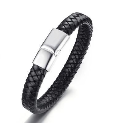 Stainless Steel Leather Bracelet Fashion Magnet Clasp Bracelet Men&rsquor; S Black Jewelry Bracelet