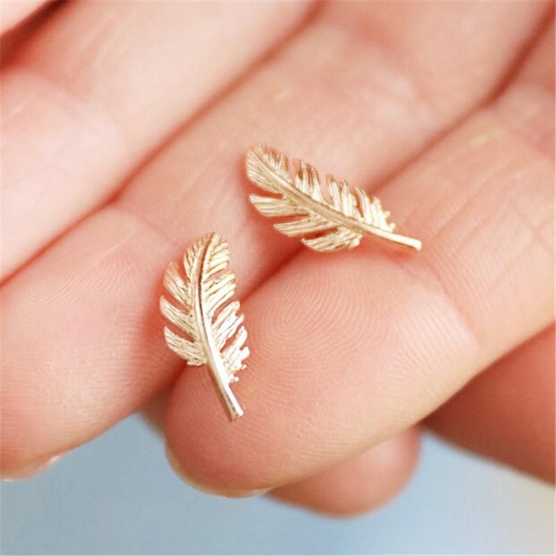 Rose Gold Cute Unique Lucky Little Trendy Feather Stud Earrings for Party or Gift