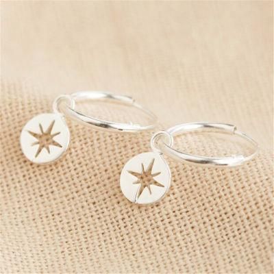 New Design Good Quality Silver Cut out Filigree Star Disc Charm Huggie Hoop Earrings for Women Girls Lady Jewelry