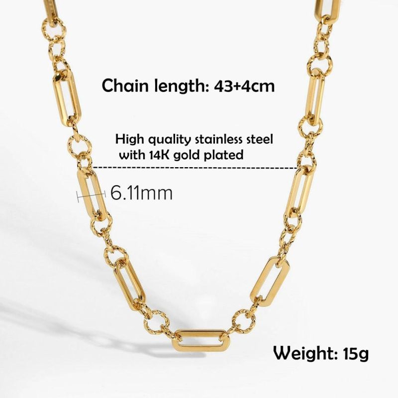14K Gold Plated Stainless Steel Chain Link Necklace Mixed with O & Retangle Chain for Women Fashion Jewelry